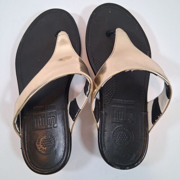FitFlop Womens Sandals Flip Flops Size 5 Gold Brown  371-001 Leather Thongs - Picture 2 of 7